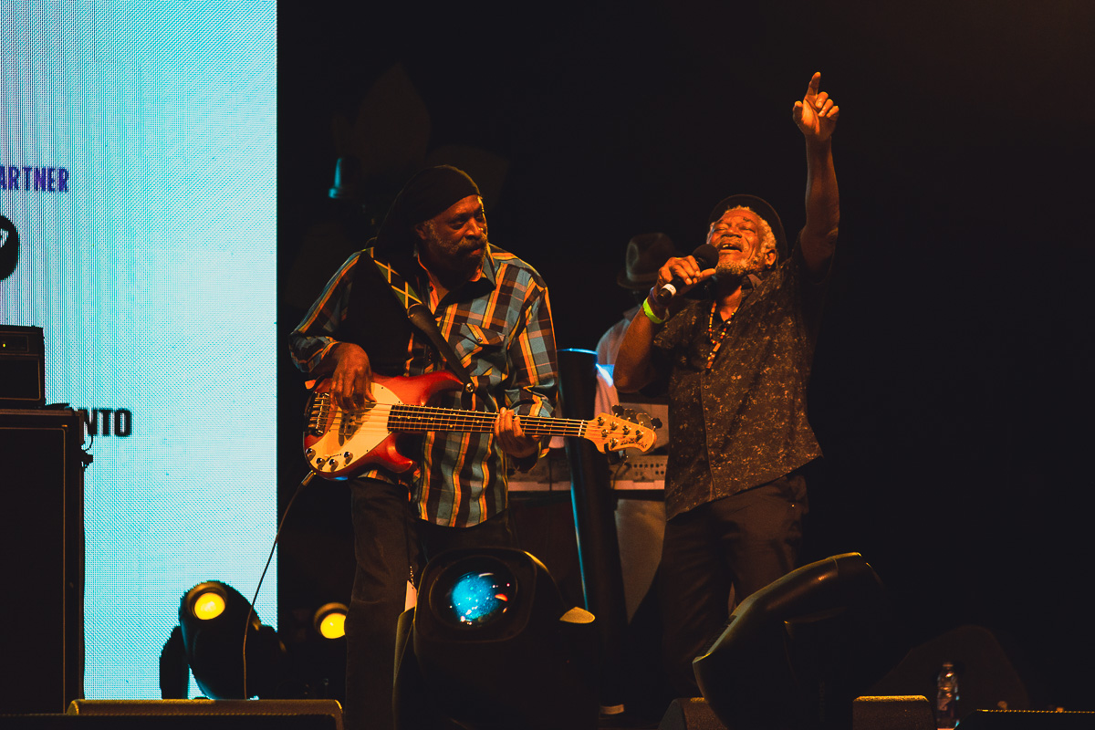 Black reggae artist Horace Andy performs on an outdoor stage at Luminato Festival. © Andy Lee, 2022. realandylee.com