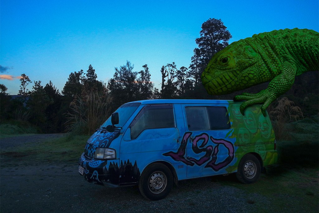 A giant green lizard climbs on top of an LSD camper van. © Andy Lee, 2022. realandylee.com