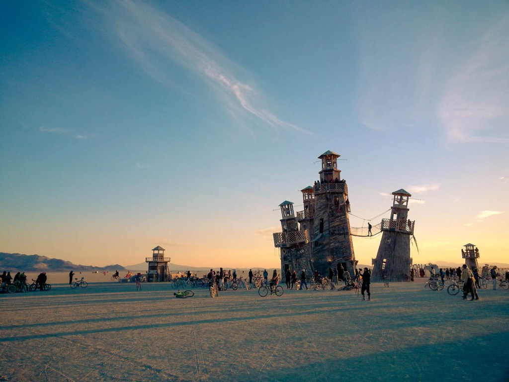 Leaning towers on the Burning Man playa at sunrise