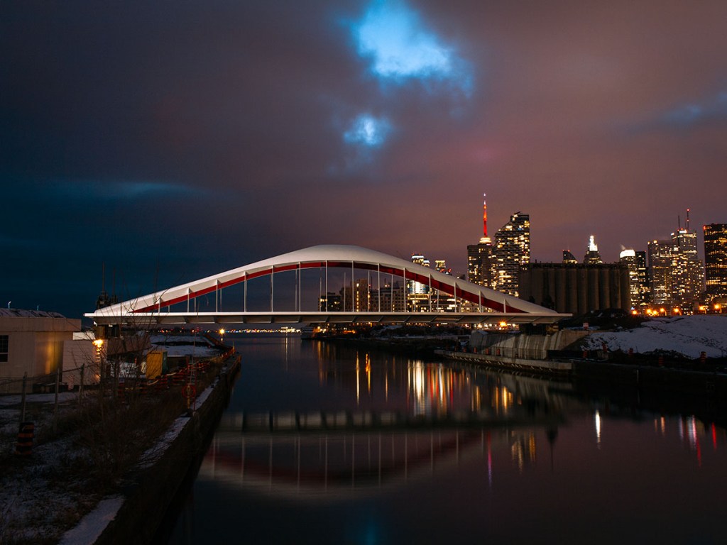 Cherry Street North bridge with Toronto skyline