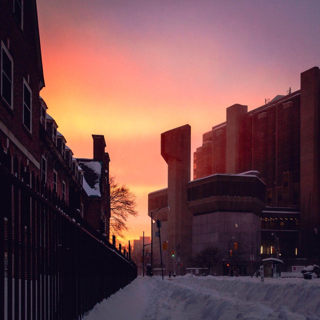 Robarts Library at sunset during a blizzard