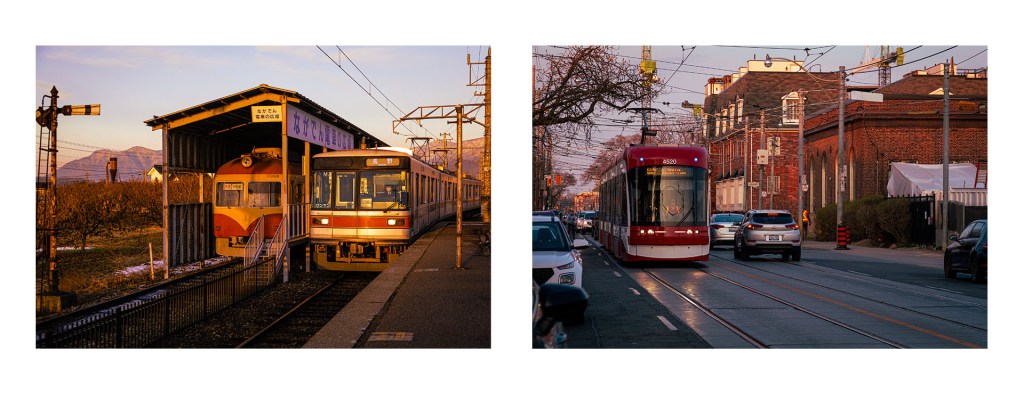 Diptych of Japanese train and TTC streetcar at sunset