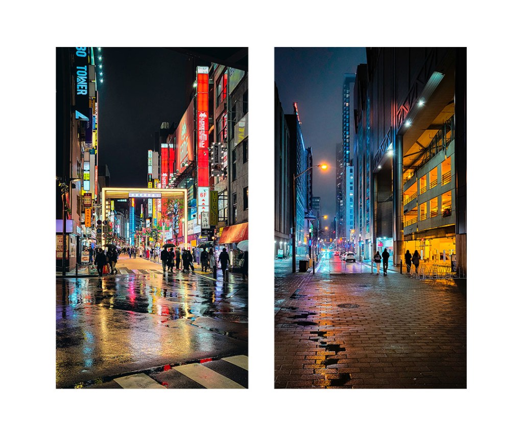 Diptych of wet downtown streets at night in Tokyo and Toronto