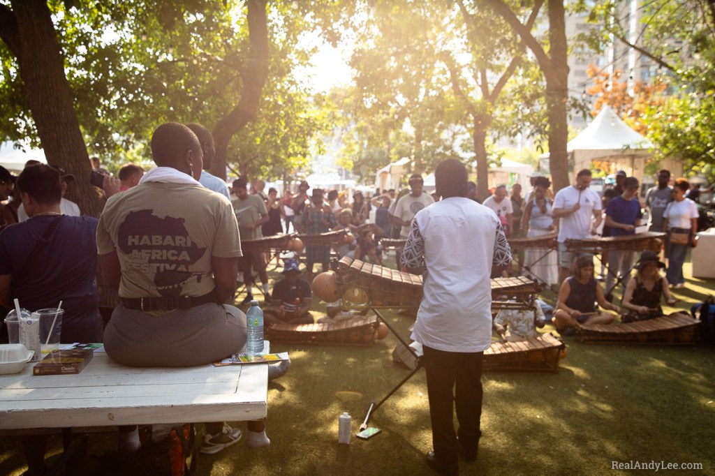 Outdoor balafon workshop with sunlight streaming from above