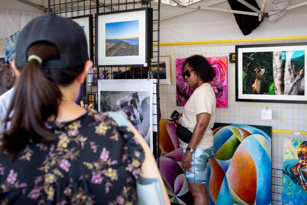 A woman peruses the artwork at the Amazing Moss Park Art Collective booth at the 2025 Toronto Outdoor Art Fair
